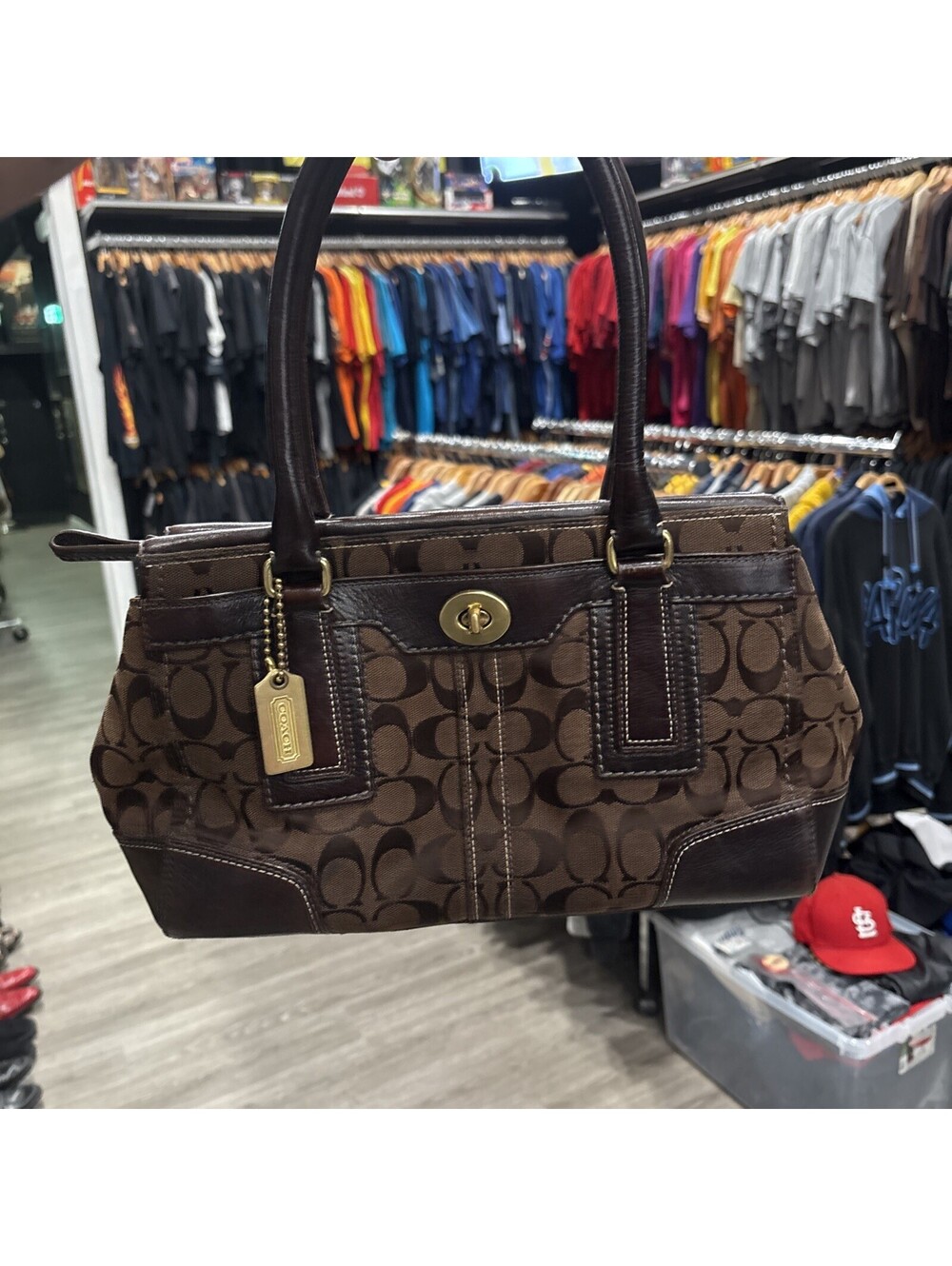 Woman’s COACH Hampton Signature Brown Canvas Leather Trim Carryall Tote Satchel